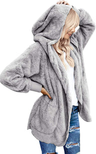 Womens Cardigan 2025 Winter Oversized Open Front Fleece Hooded Draped Pockets Jacket Coats