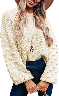 Womens Fall and Winter Fashion Sweater 2022 Crewneck Pom Pom Long Sleeve Chunky Knit Pullover Sweater Oversized Batwing Sleeve Loose Jumper Tops (Apricot, Large)