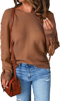 Women'S Casual Knitted Sweater Boat Neck Lace up Long Batwing Sleeve Loose Pullover Jumper Tops
