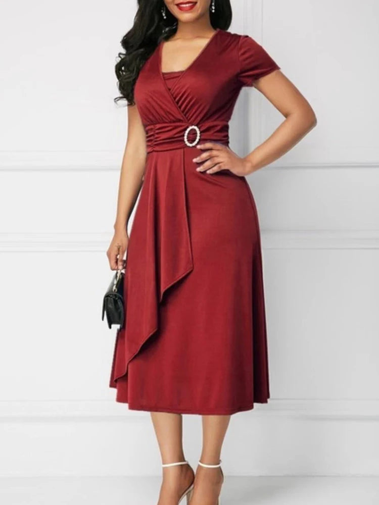 Women’s Solid V‑Neck Asymmetric-Hem Midi Dress