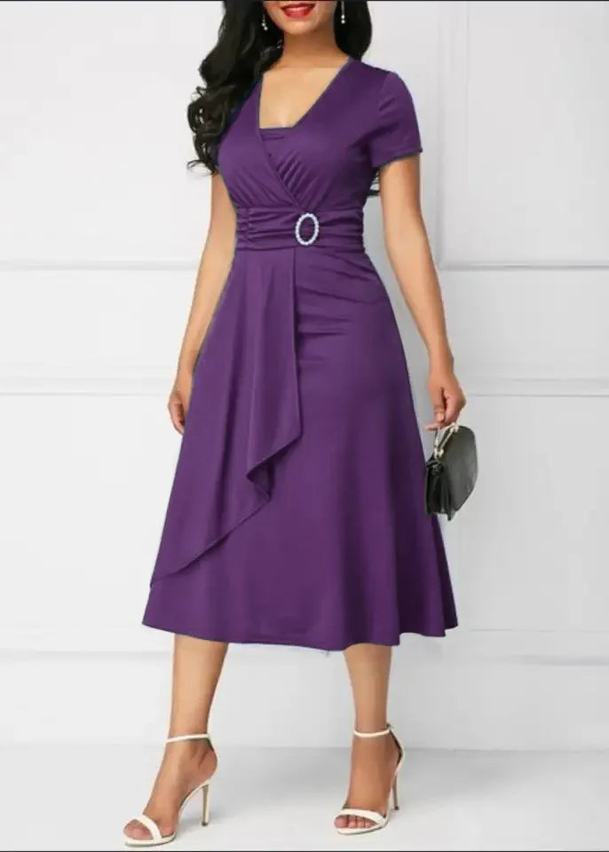 Women’s Solid V‑Neck Asymmetric-Hem Midi Dress
