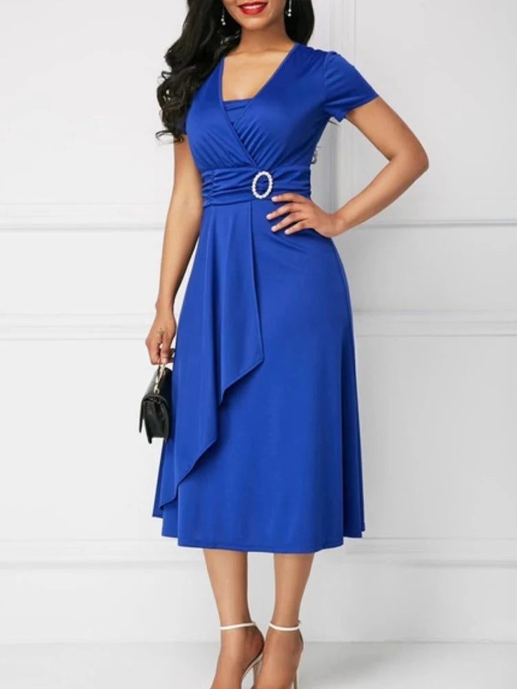 Women’s Solid V‑Neck Asymmetric-Hem Midi Dress