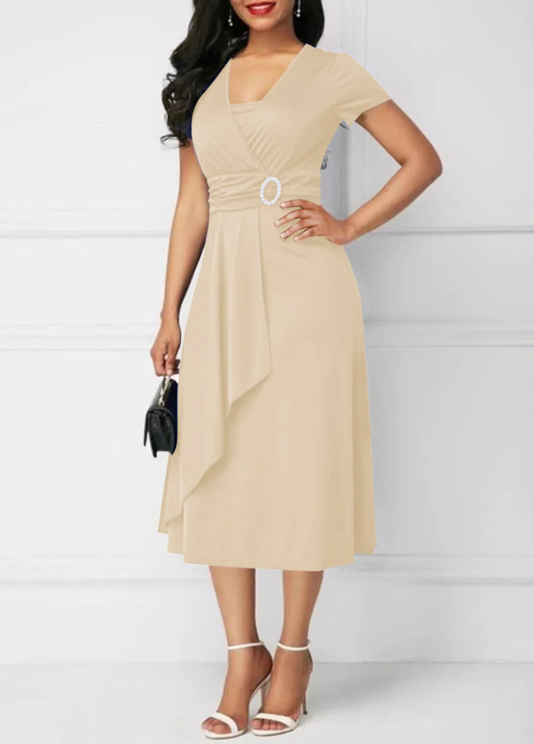 Women’s Solid V‑Neck Asymmetric-Hem Midi Dress