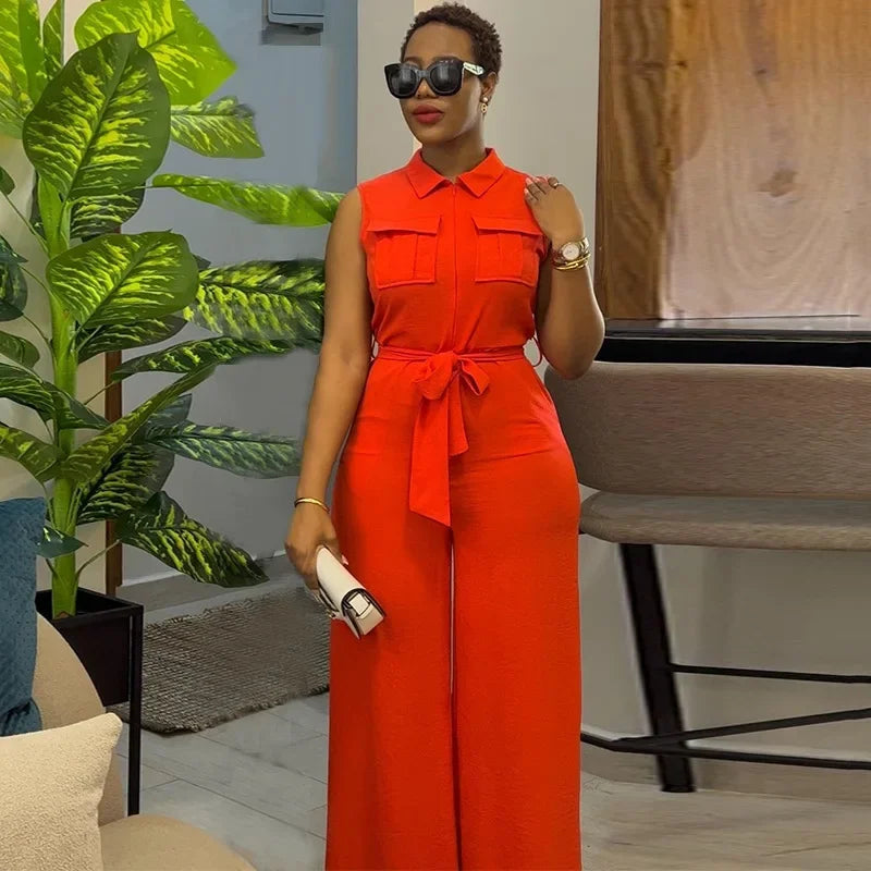 Lapel Pocket Waist Trimming Wide Leg Sleeveless Jumpsuit