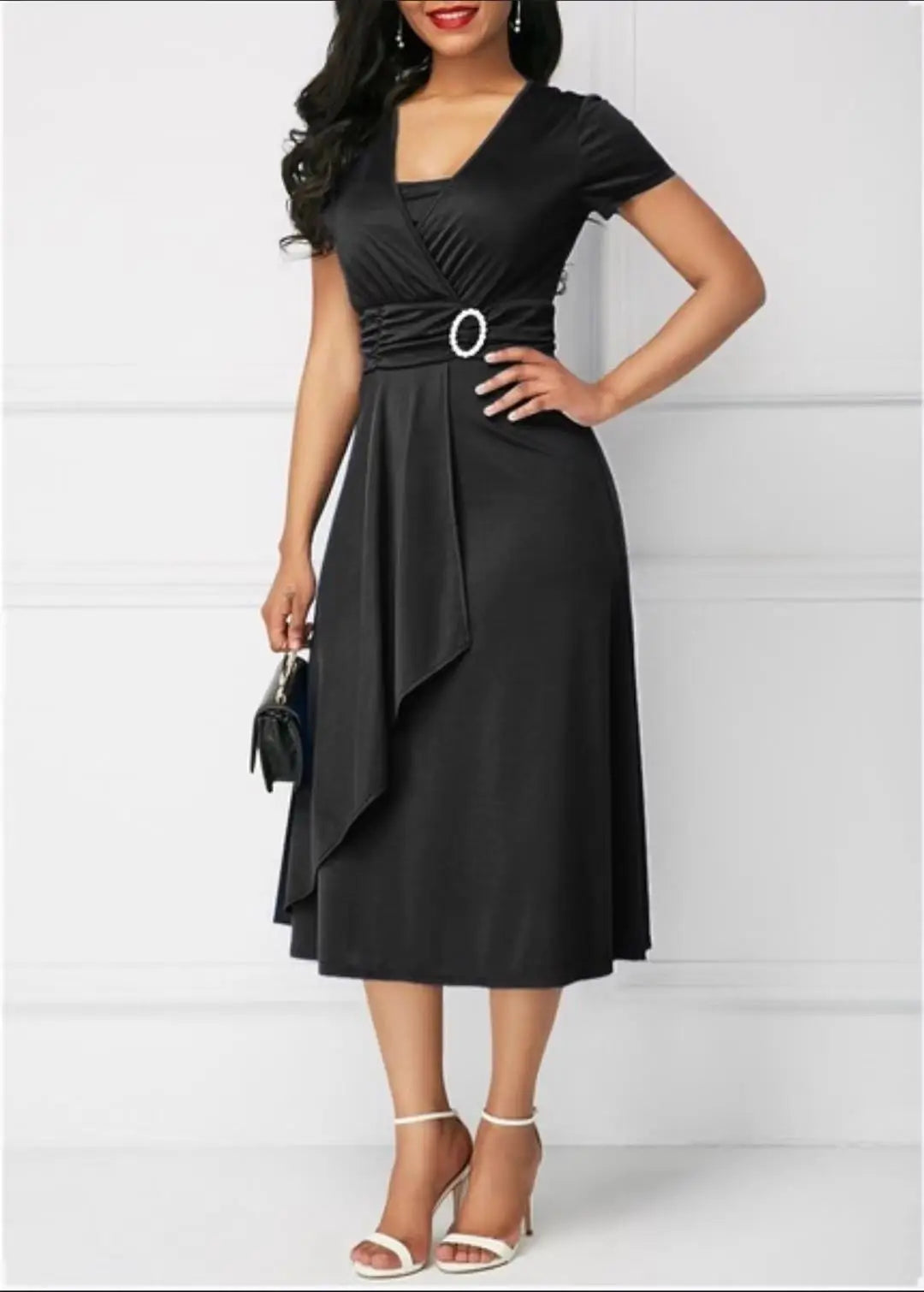 Women’s Solid V‑Neck Asymmetric-Hem Midi Dress