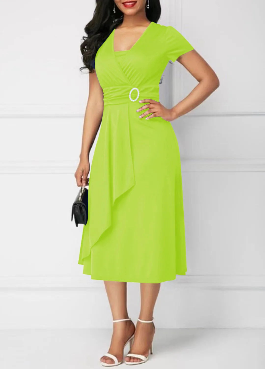 Women’s Solid V‑Neck Asymmetric-Hem Midi Dress