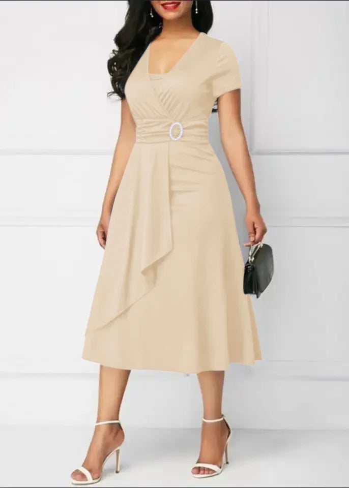 Women’s Solid V‑Neck Asymmetric-Hem Midi Dress