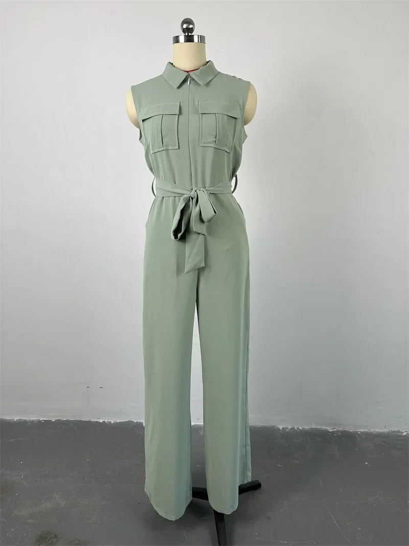 Lapel Pocket Waist Trimming Wide Leg Sleeveless Jumpsuit
