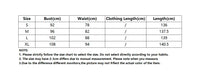 Size chart for clothing with measurements in centimeters