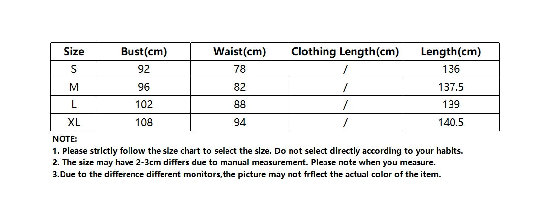 Size chart for clothing with measurements in centimeters