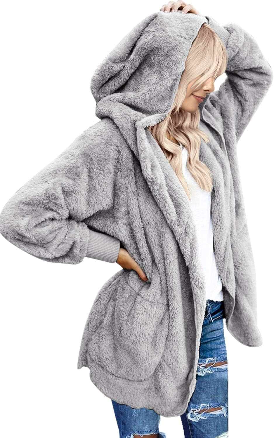 Womens Cardigan 2025 Winter Oversized Open Front Fleece Hooded Draped Pockets Jacket Coats