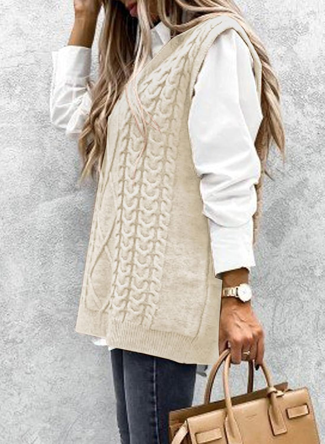 Women V Neck Sleeveless Oversized Sweater Vest Casual Loose Cable Knit Sweaters Tank Pullover Fall Winter Outfits