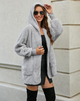 Womens Cardigan 2025 Winter Oversized Open Front Fleece Hooded Draped Pockets Jacket Coats