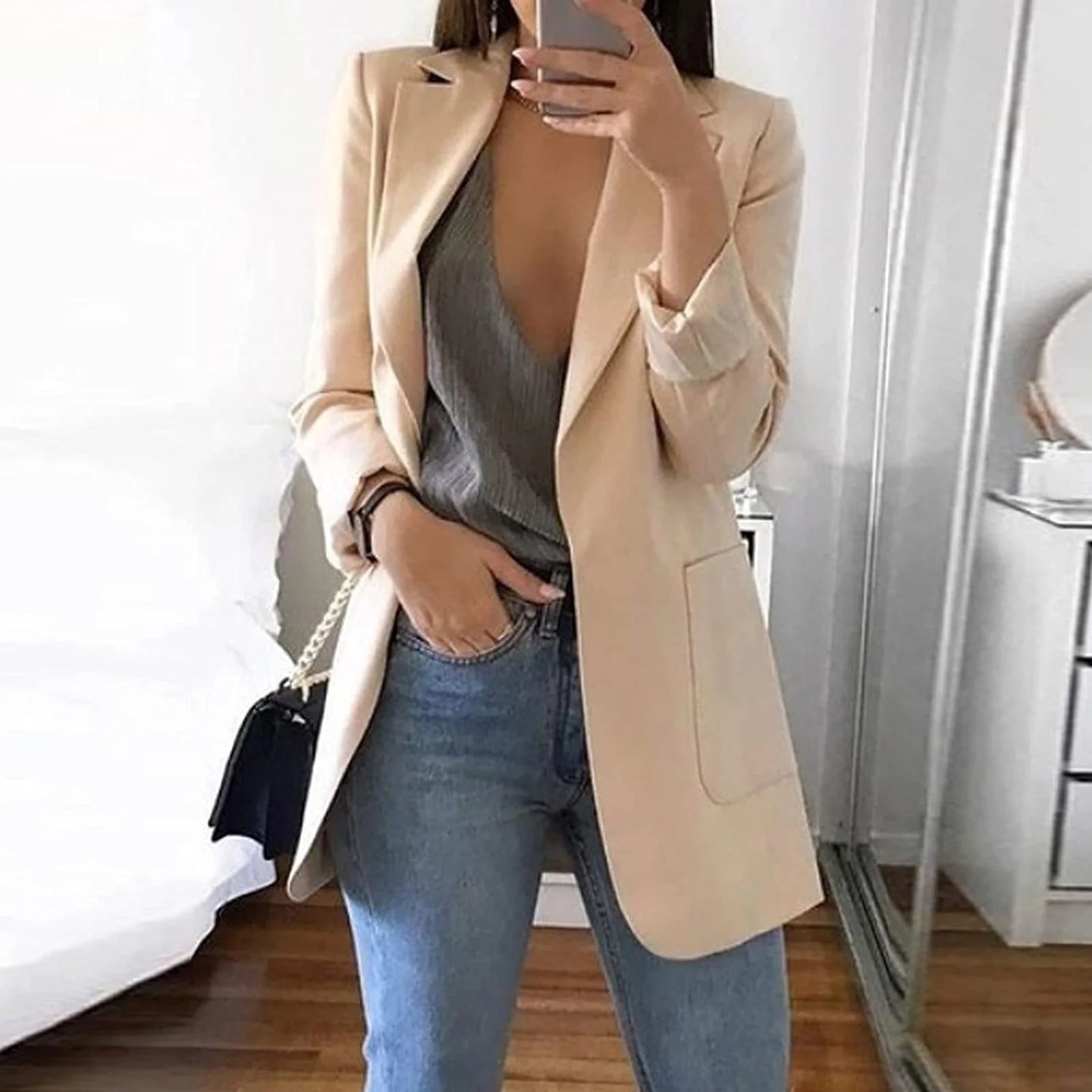 Womens Blazer Coat Fall Open Front Blazers Formal Work Jacket Solid Color Business Office Jackets with Pockets