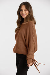 Women'S Casual Knitted Sweater Boat Neck Lace up Long Batwing Sleeve Loose Pullover Jumper Tops