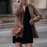 Women'S Blazers & Suit Jackets Solid Double Breasted Suit Long Sleeve Work 0Ffice Cardigan Vintage Plaid Print Blazer Lapel Slim Coat