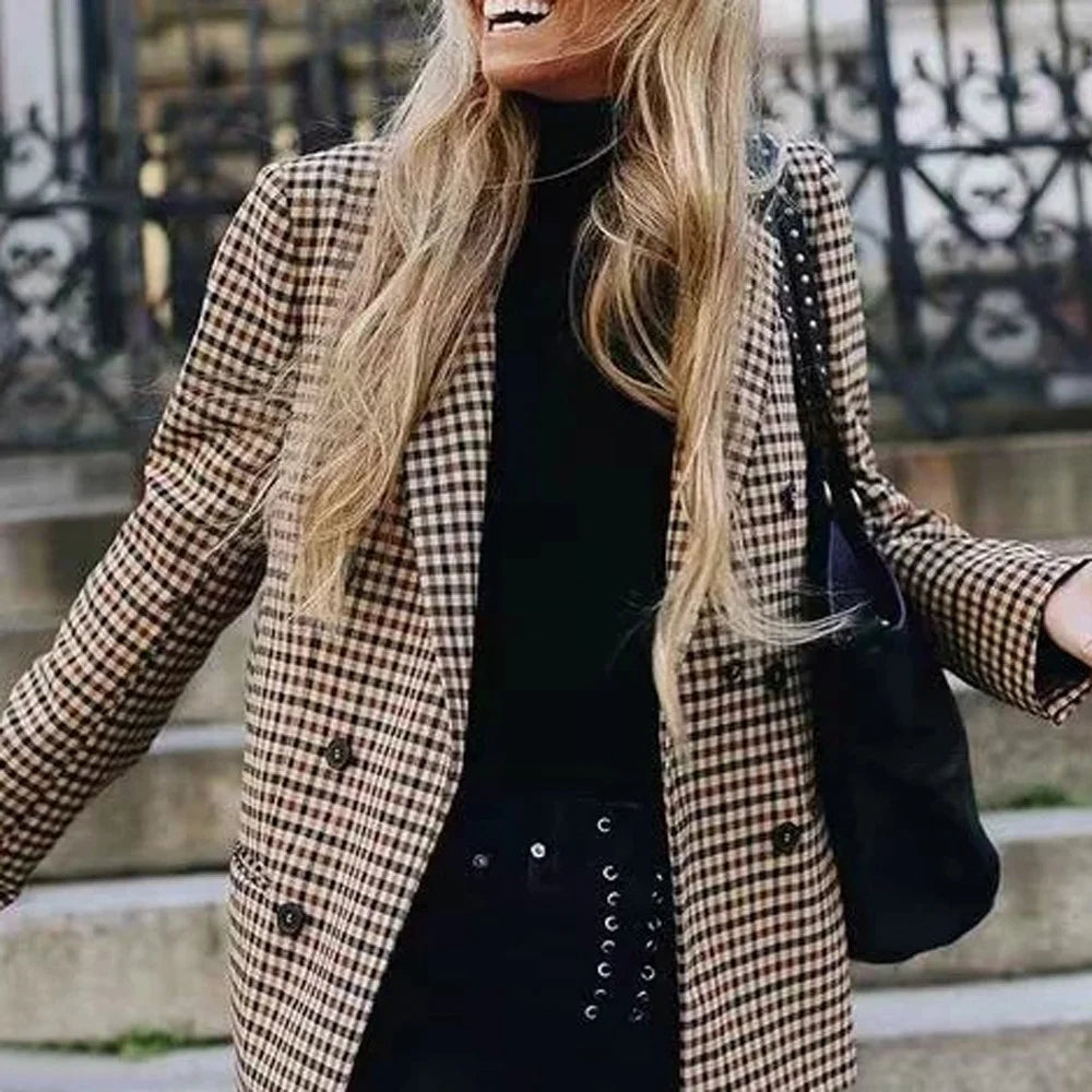 Women'S Blazers & Suit Jackets Solid Double Breasted Suit Long Sleeve Work 0Ffice Cardigan Vintage Plaid Print Blazer Lapel Slim Coat