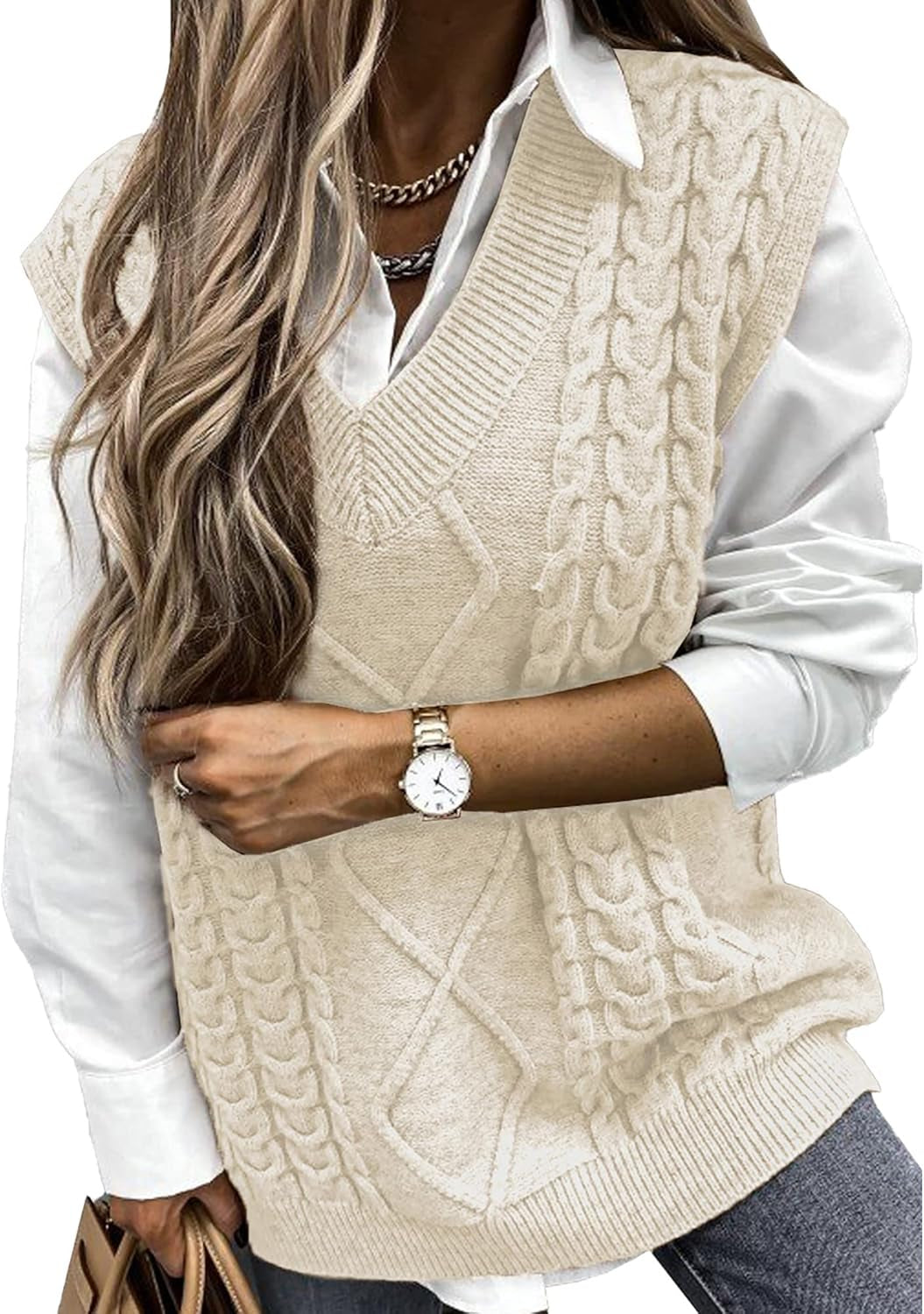 Women V Neck Sleeveless Oversized Sweater Vest Casual Loose Cable Knit Sweaters Tank Pullover Fall Winter Outfits