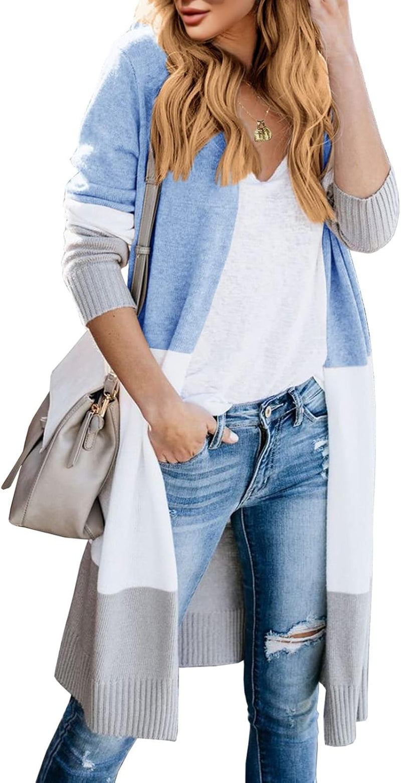 Lovaru Womens Boho Open Front Cardigan Colorblock Long Sleeve Loose Knit Lightweight Sweaters
