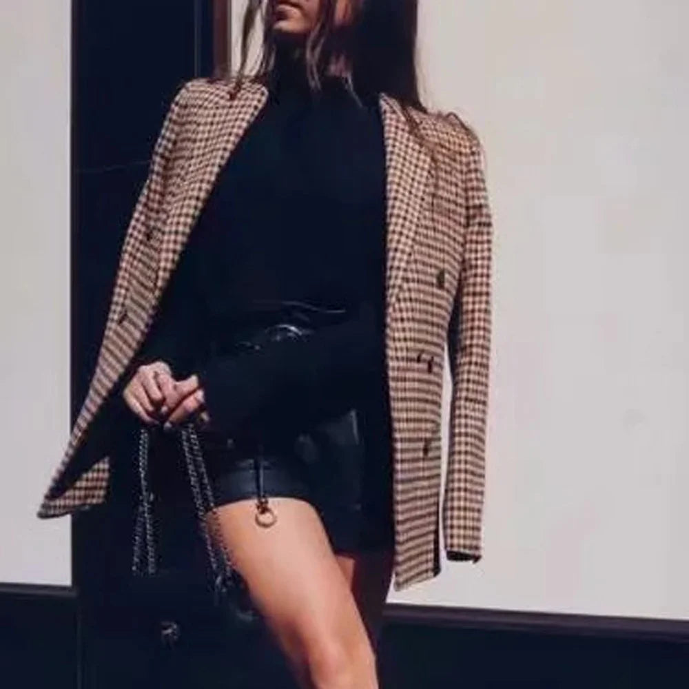 Women'S Blazers & Suit Jackets Solid Double Breasted Suit Long Sleeve Work 0Ffice Cardigan Vintage Plaid Print Blazer Lapel Slim Coat
