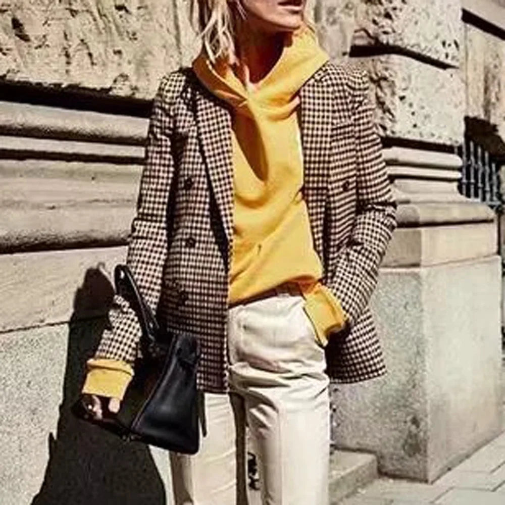 Women'S Blazers & Suit Jackets Solid Double Breasted Suit Long Sleeve Work 0Ffice Cardigan Vintage Plaid Print Blazer Lapel Slim Coat