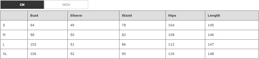 Size chart for clothing measurements including bust, sleeve, waist, hips, and length.