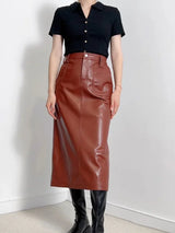 Full-length real leather black skirt