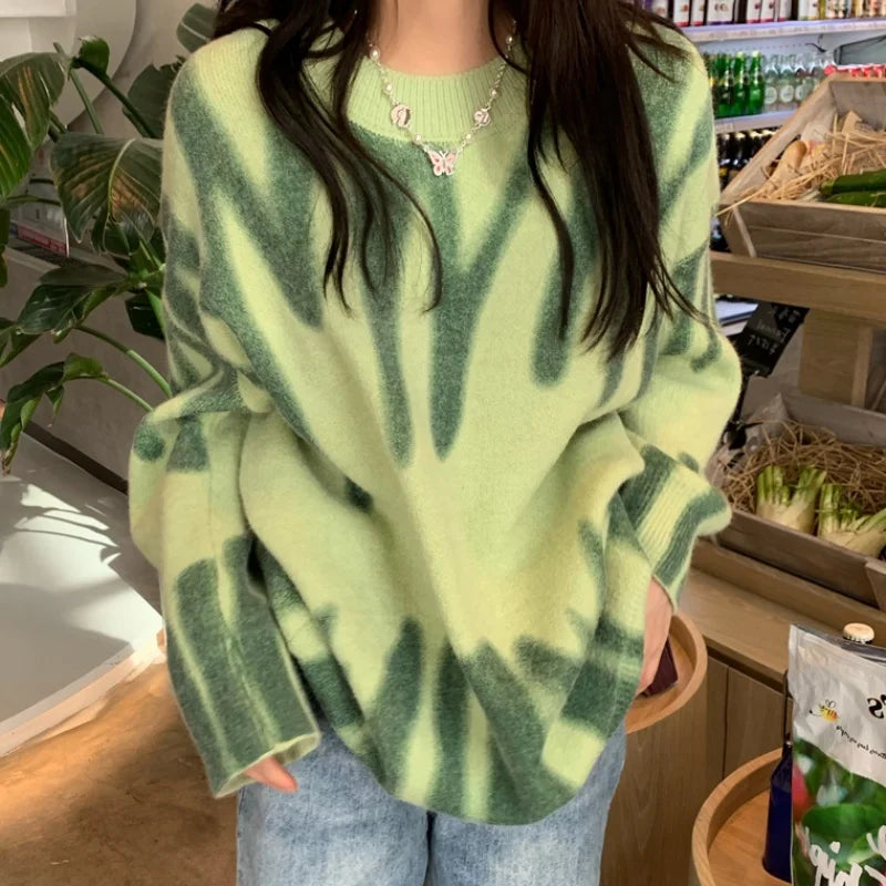 Elegant Green Striped Print Pullovers Women Winter