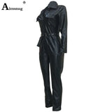 Womens Black PU Leather Jumpsuit