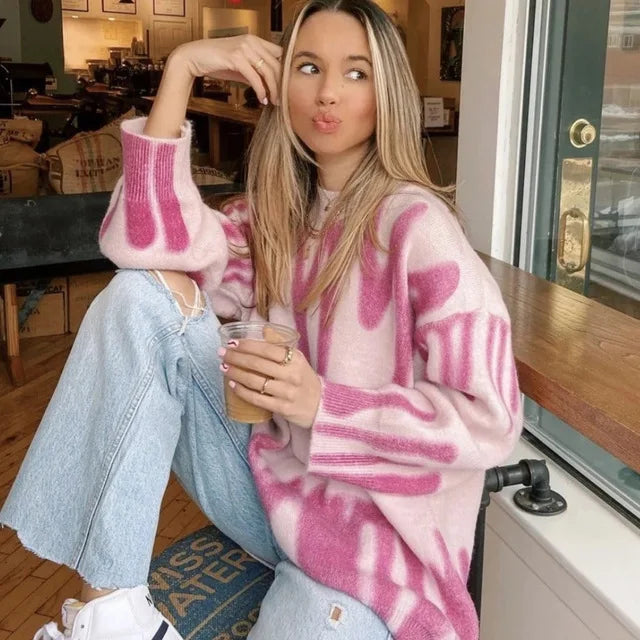Elegant Green Striped Print Pullovers Women Winter