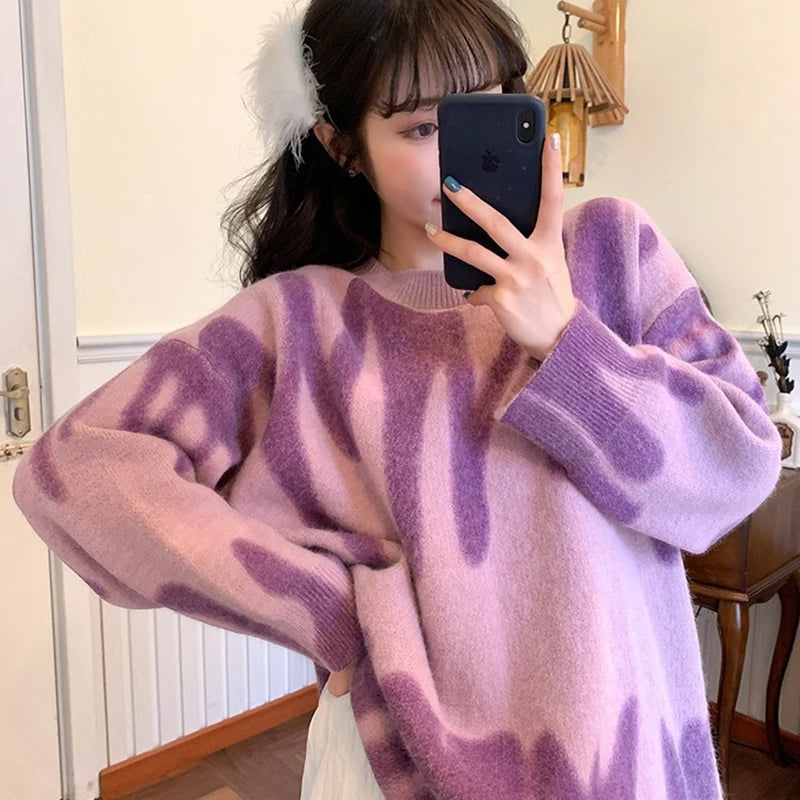 Elegant Green Striped Print Pullovers Women Winter