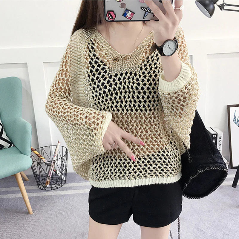 Loose Hollow Out Knitted Pullover Crochet Bat wing