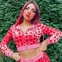 Women Pink Heart Print Velvet Crop
