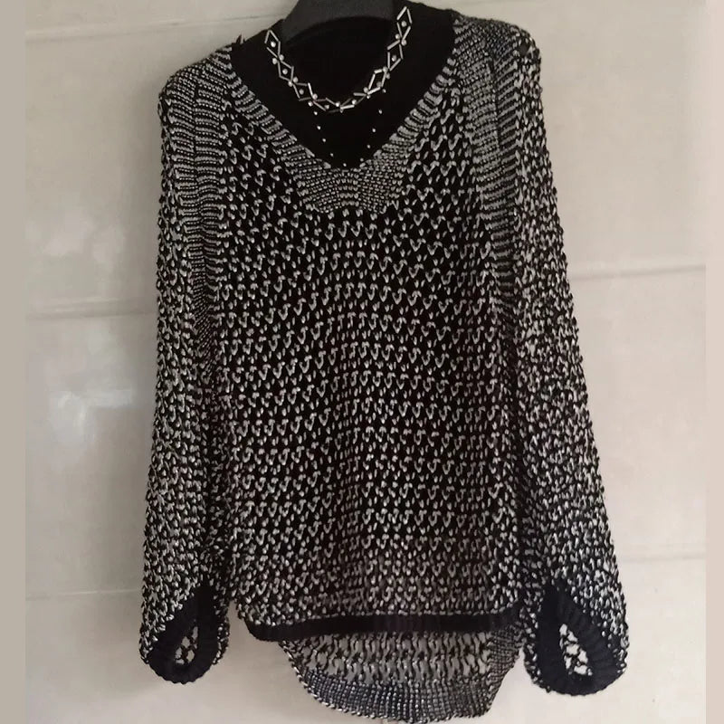 Loose Hollow Out Knitted Pullover Crochet Bat wing
