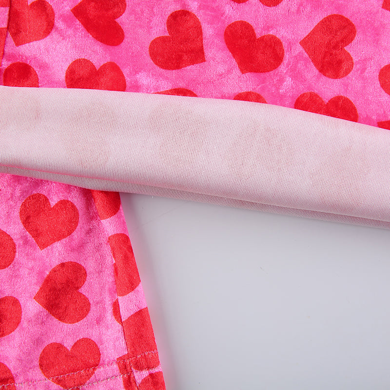 Women Pink Heart Print Velvet Crop