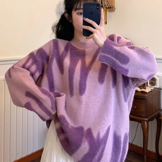 Elegant Green Striped Print Pullovers Women Winter