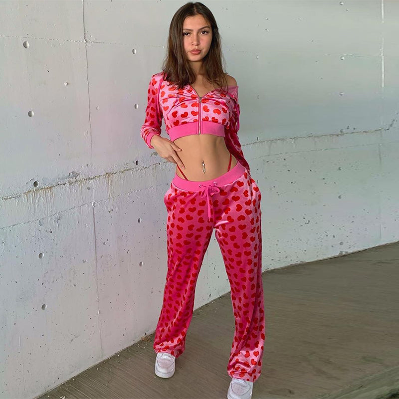 Women Pink Heart Print Velvet Crop
