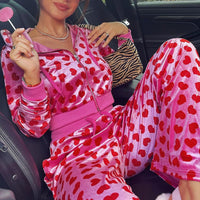 Women Pink Heart Print Velvet Crop