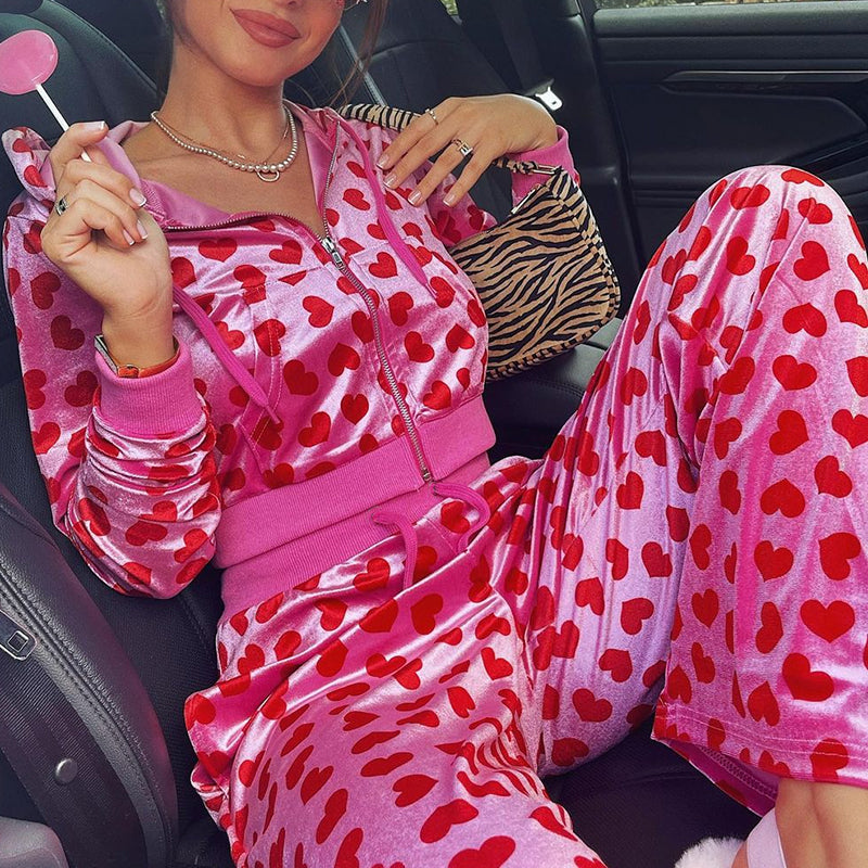 Women Pink Heart Print Velvet Crop