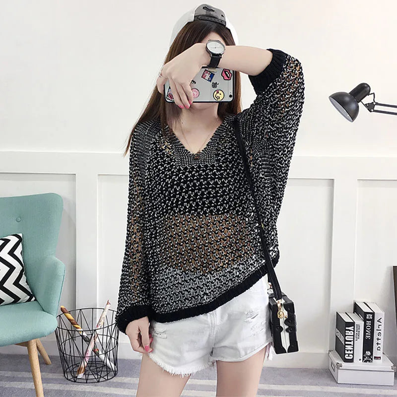 Loose Hollow Out Knitted Pullover Crochet Bat wing