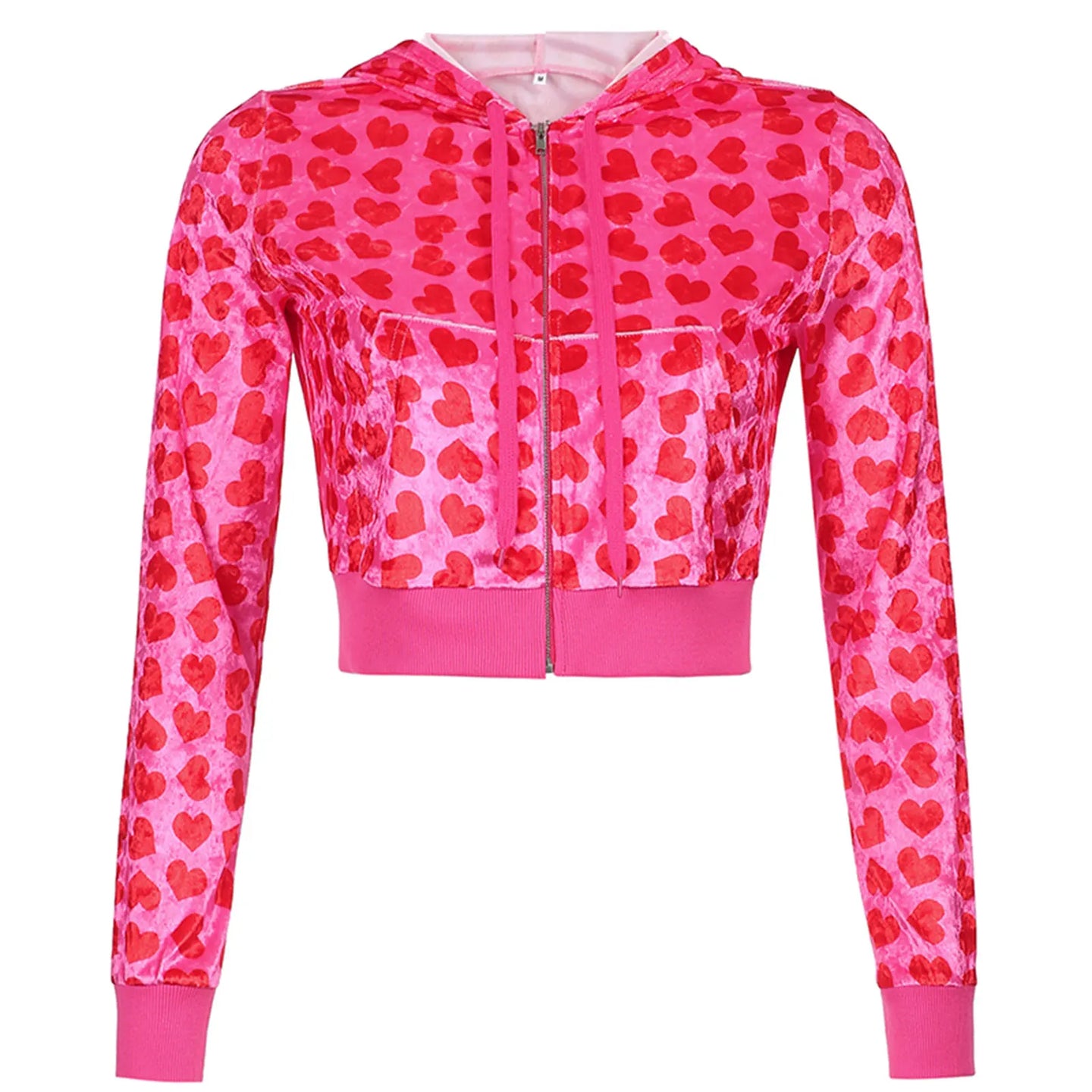 Women Pink Heart Print Velvet Crop