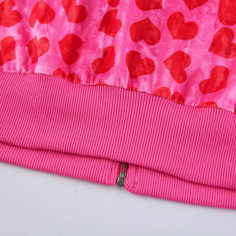 Women Pink Heart Print Velvet Crop