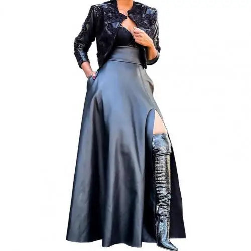 Elegant High Slit Faux Leather Long Skirt