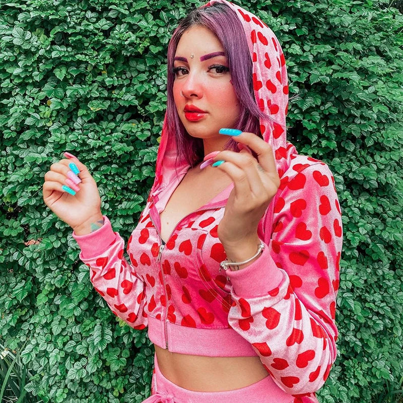 Women Pink Heart Print Velvet Crop