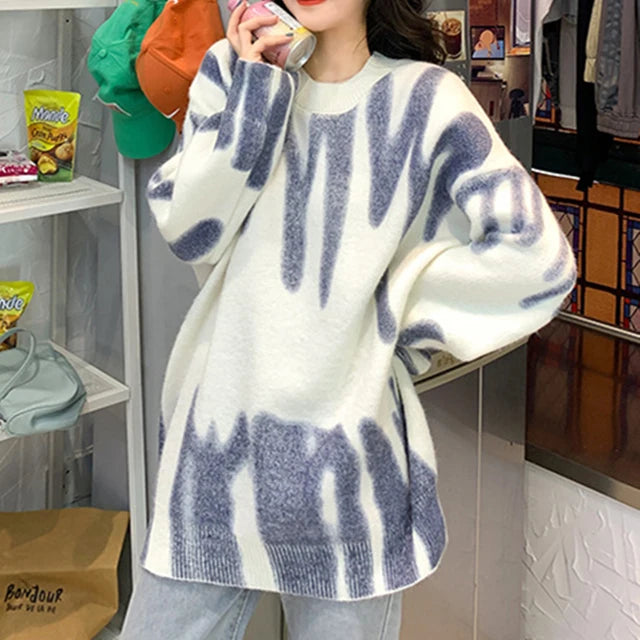 Elegant Green Striped Print Pullovers Women Winter