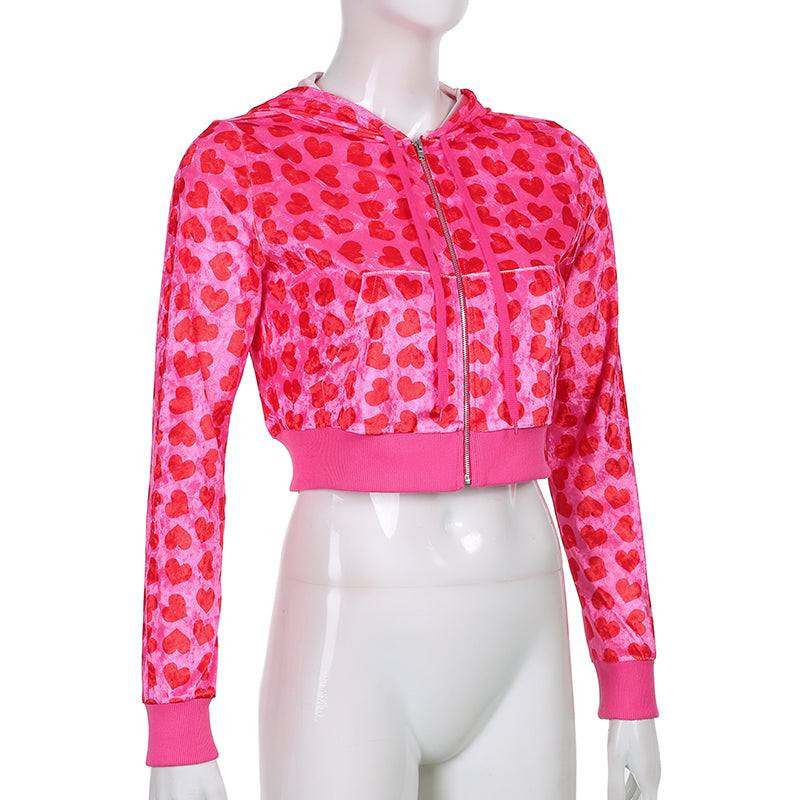 Women Pink Heart Print Velvet Crop