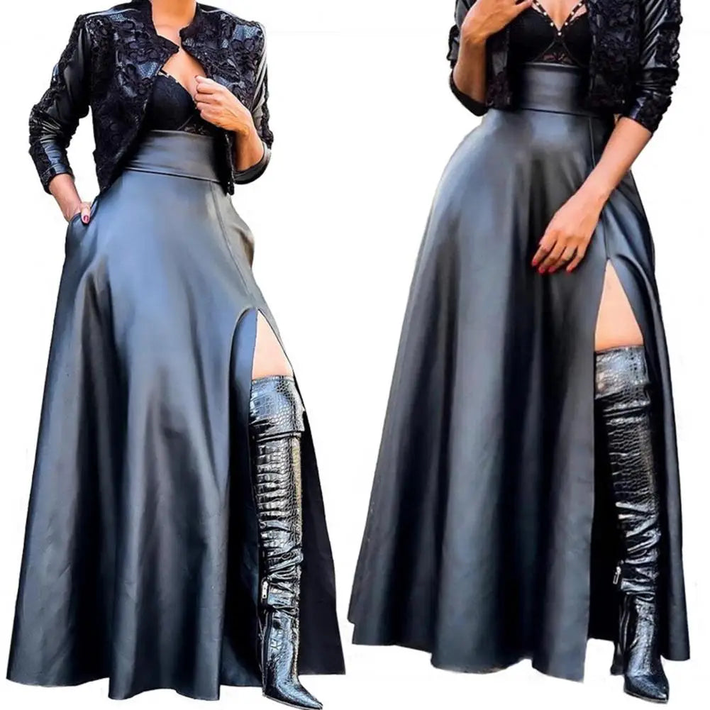 Elegant High Slit Faux Leather Long Skirt