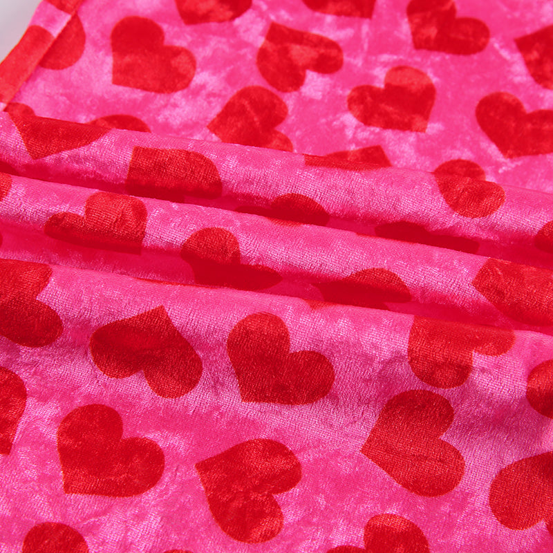Women Pink Heart Print Velvet Crop