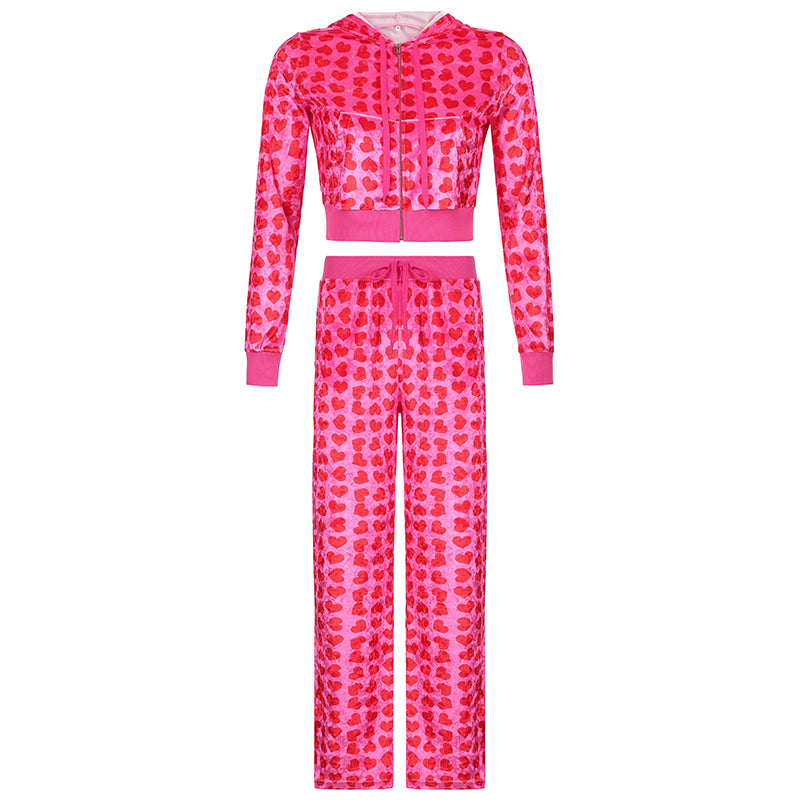 Women Pink Heart Print Velvet Crop
