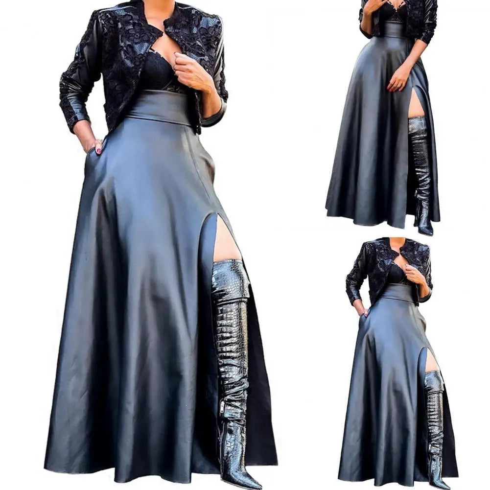 Elegant High Slit Faux Leather Long Skirt